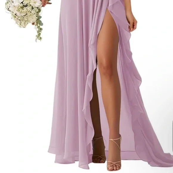 Chiffon V Neck Dresses for Women Ruffles Pleated A-line Formal brand - Picture 4 of 7